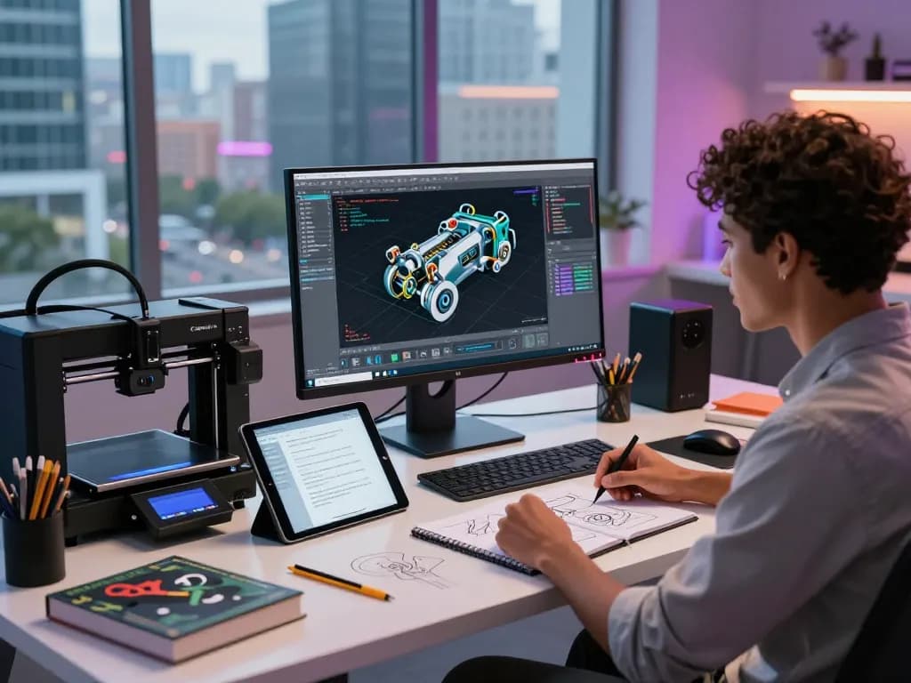 Modeler using text to cad software in modern workspace with CAD designs.