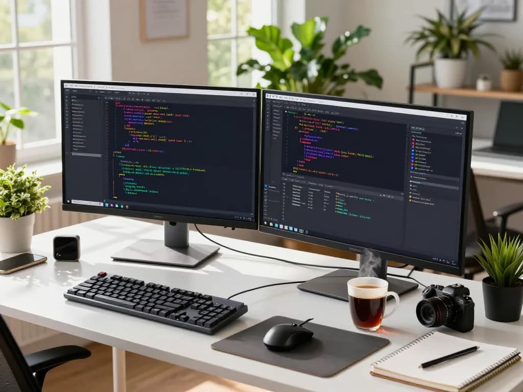 WPS 下载 software developer coding in a vibrant workspace with dual monitors and tech gadgets.