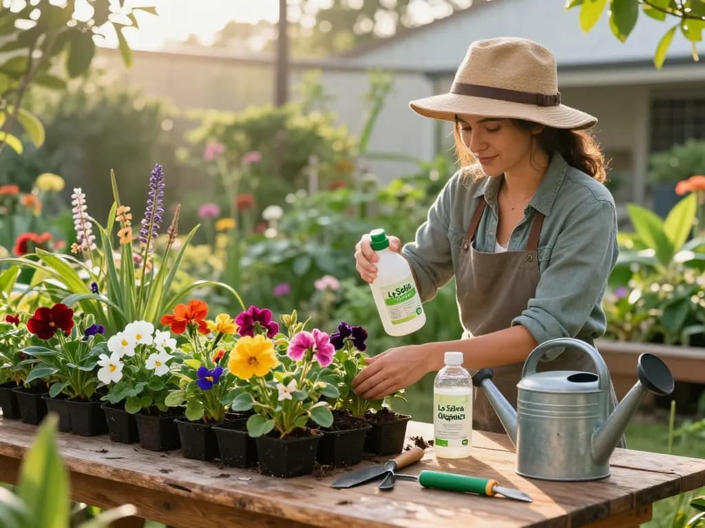 Uso de fertilizante de La Selva Organics en un jardín vibrante, mejorando el crecimiento de las plantas con luz solar natural.