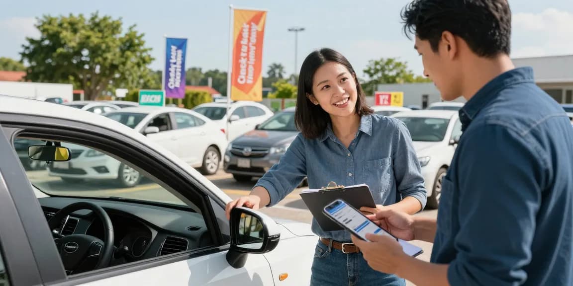 Inspecting a car history report at a dealership to ensure smart purchase.