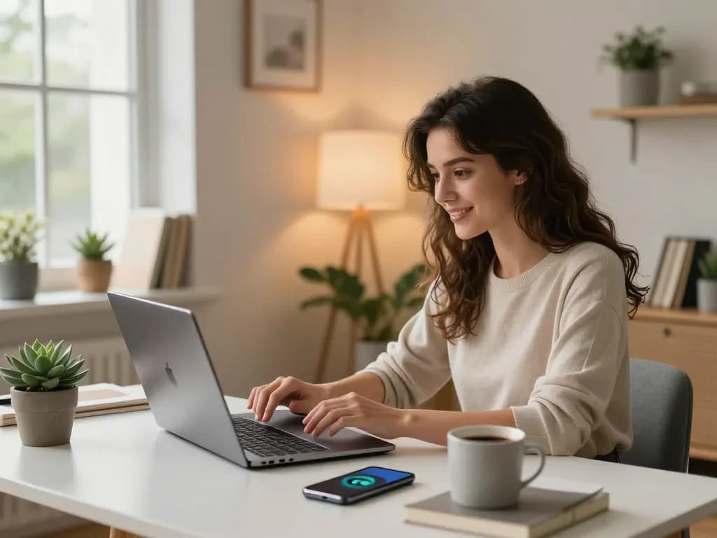 Engaging with an AI gf in a cozy home office environment.