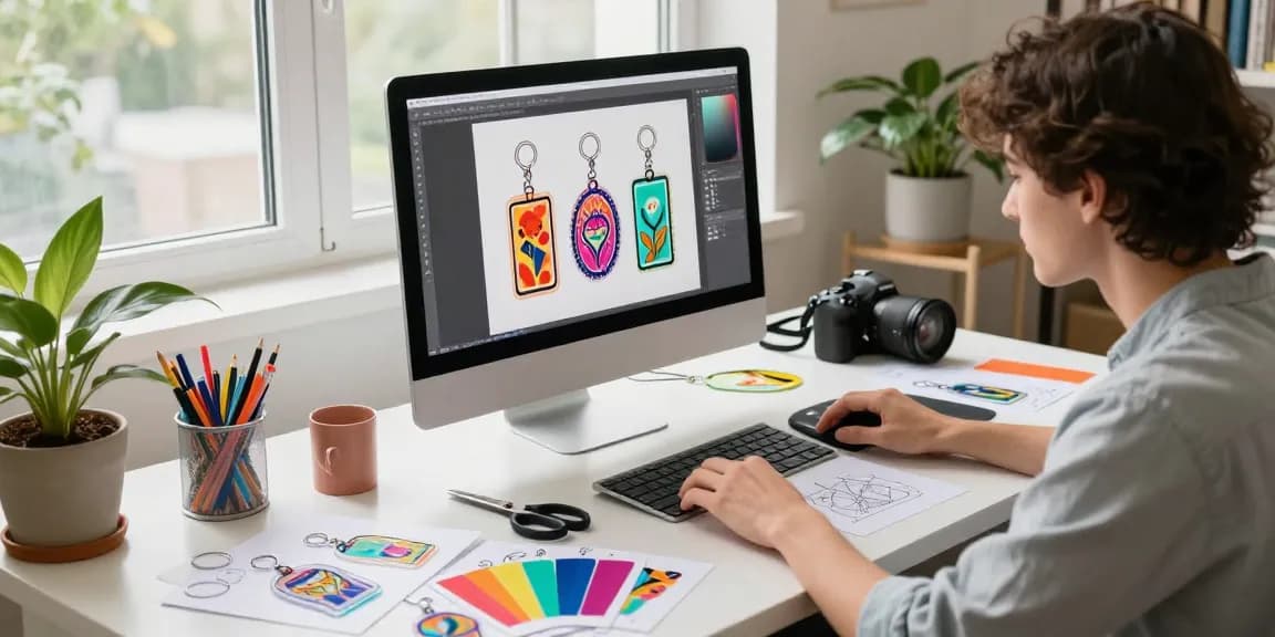 Vibrant workspace featuring custom acrylic keychain designs with colorful samples and creative tools.