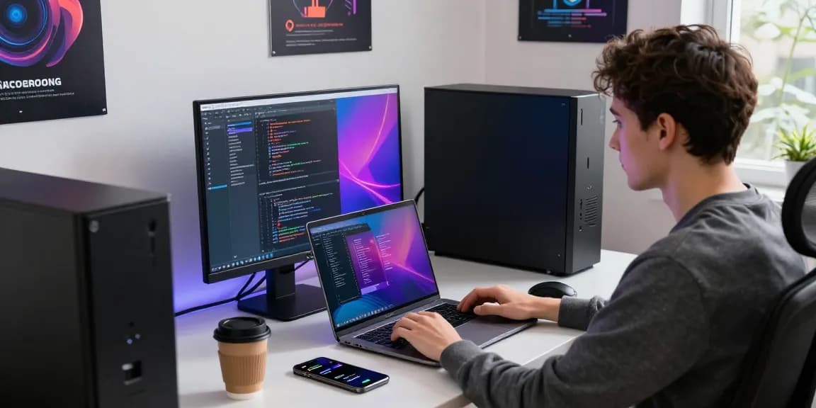Refurbished PC workspace with a laptop and coding screen, enhancing productivity