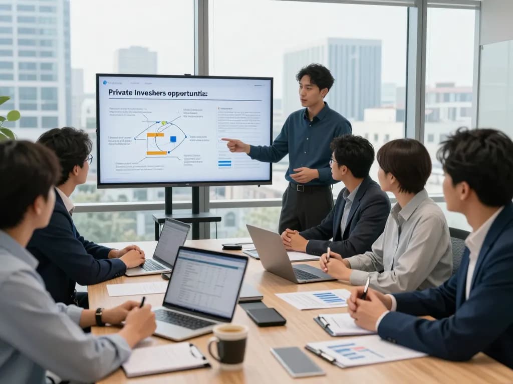 Professionals discussing private investor funding strategies in a modern office.
