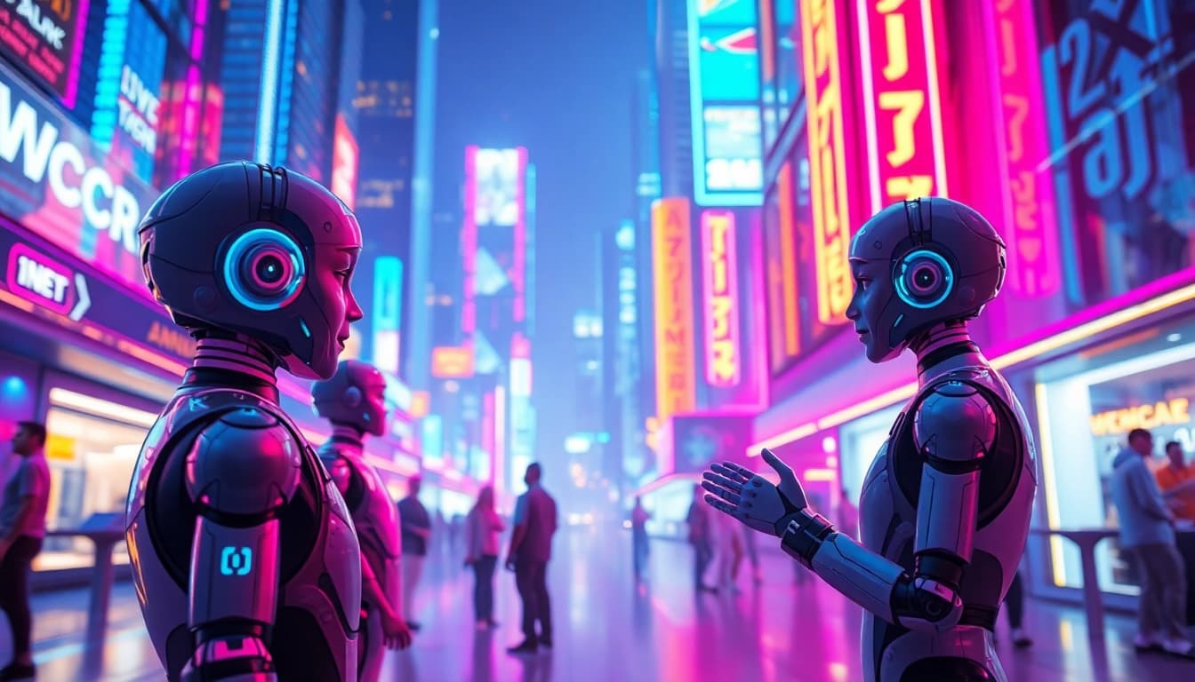Engaging AI characters in a vibrant digital cityscape, illustrating crush on ai.