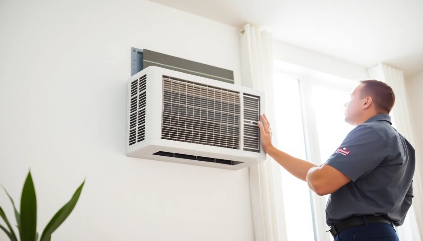 Install an American Standard AC unit with a technician in a well-lit modern home.
