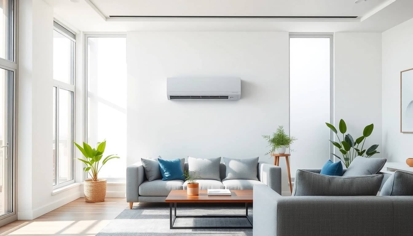 Showcase of mitsubishi mini split ac installed in a stylish living room, demonstrating modern design and cooling efficiency.