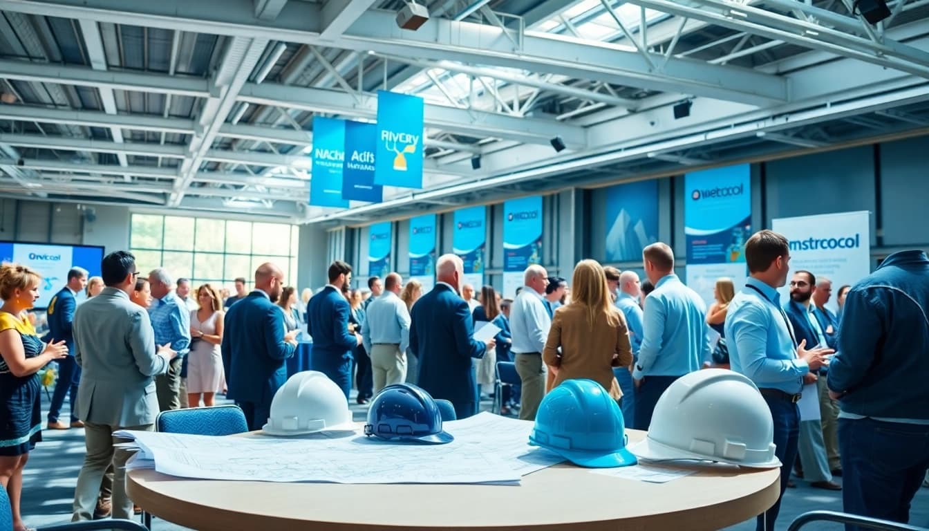 Engage in dynamic construction networking events at an industry conference, showcasing attendees and collaboration.