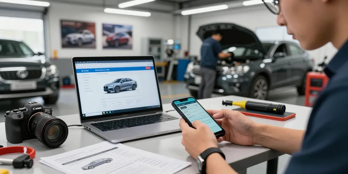 Checking a car's reg check UK history in a modern garage.