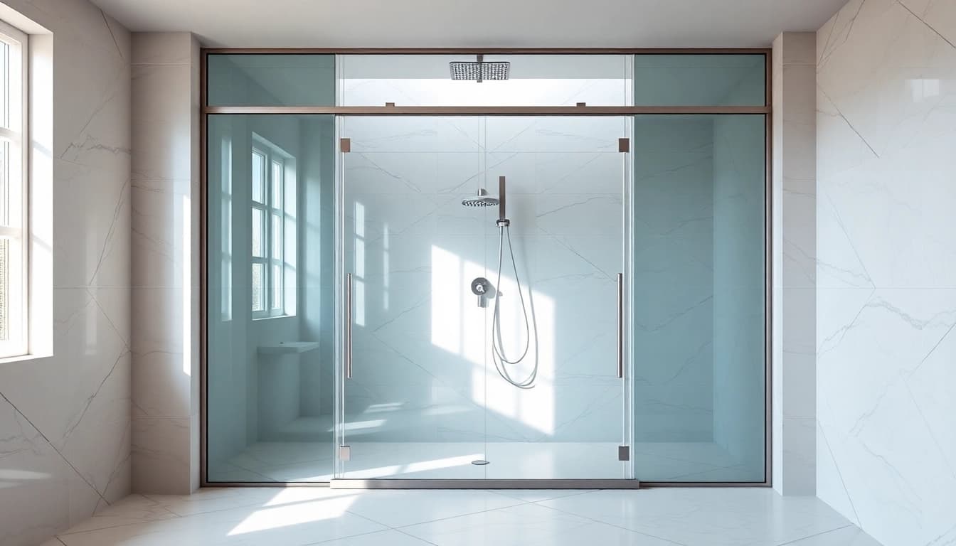 Showcase of stylish shower sliding doors in a contemporary bathroom environment.