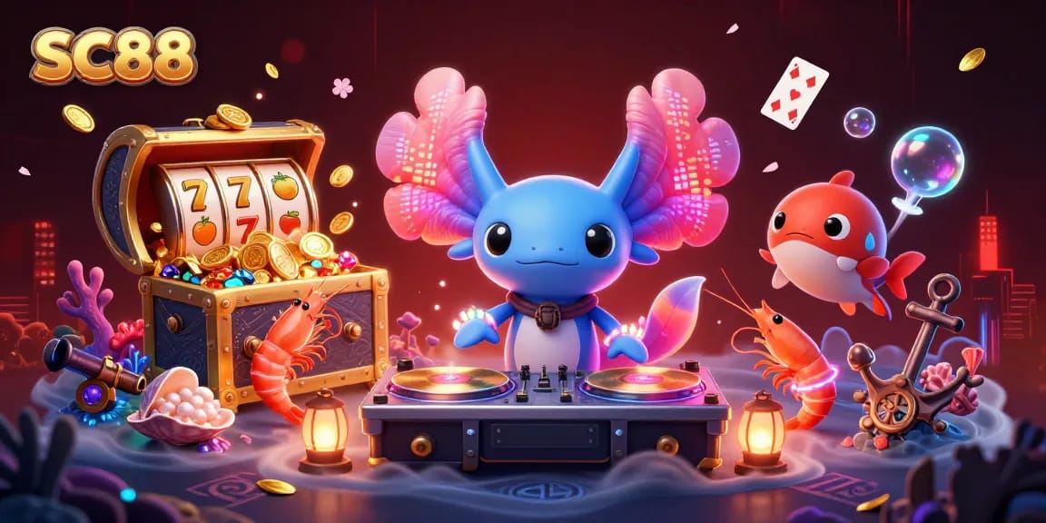 Engage with SC88's vibrant gaming scene featuring a DJ axolotl and lively underwater creatures.
