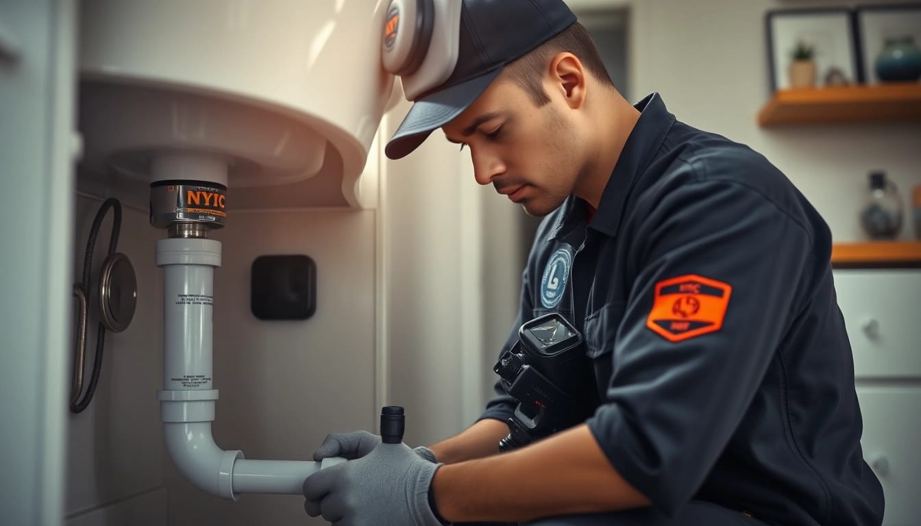 Emergency plumbing help for sewer backup: Professional plumber diagnosing a sewer issue in a New York City apartment.