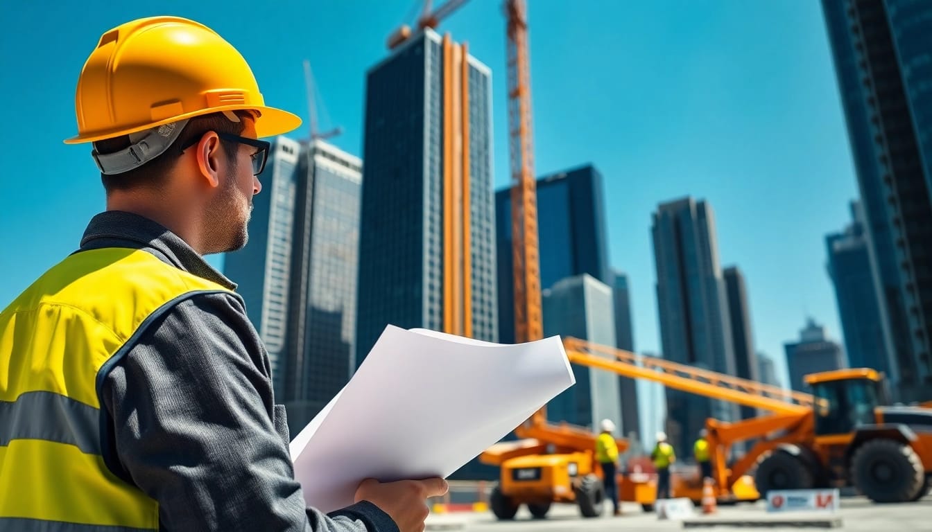 New York Construction Manager supervising a busy construction site with skyscrapers in progress.