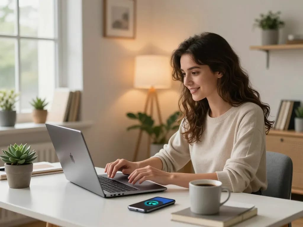 Engaging with an AI gf in a cozy home office environment.