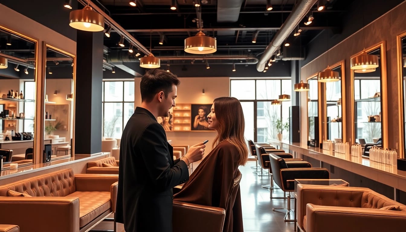Luxury hair salons with elegant interiors and professional stylists creating beautiful hairstyles.
