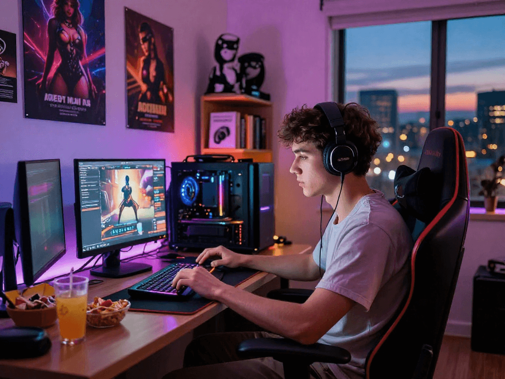 Player enjoying online sex games in a cozy room with gaming setup.
