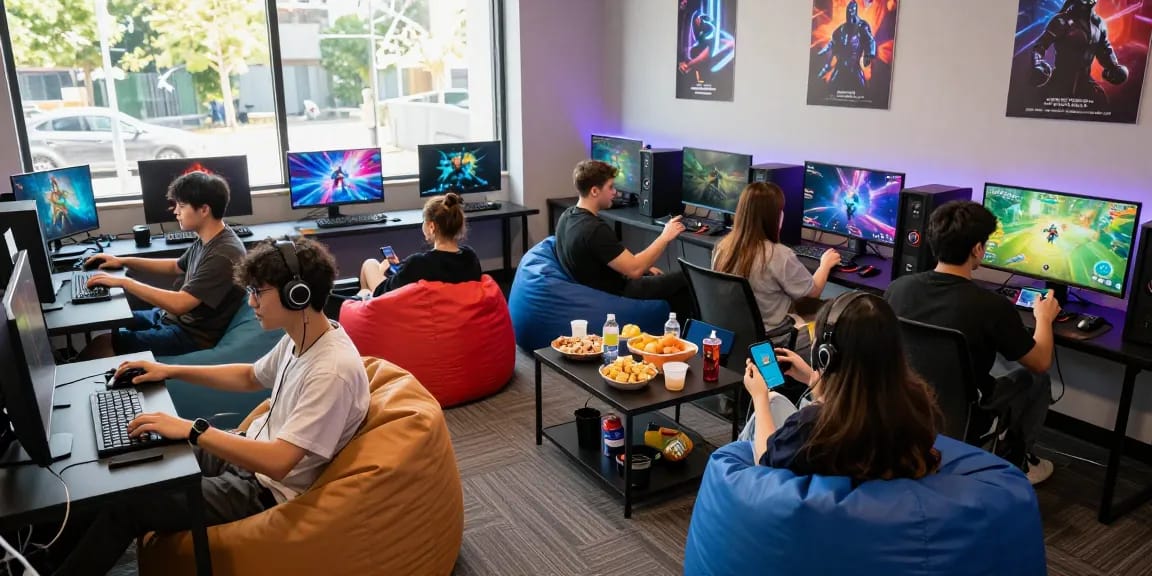 Engaged gamers enjoying rokok88 experience in a modern lounge.