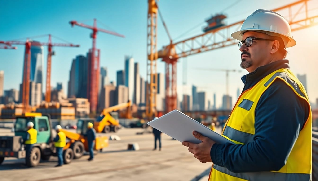 New York City General Contractor supervising a construction site with workers and cranes.