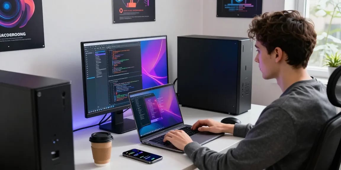 Refurbished PC workspace with a laptop and coding screen, enhancing productivity