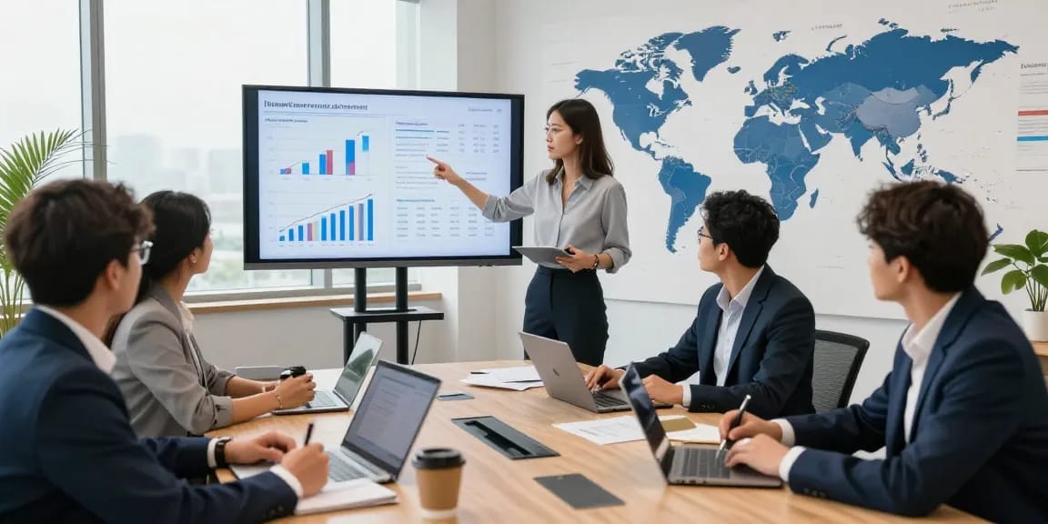 Collaborative team discussing global project financing trends in a modern conference room.