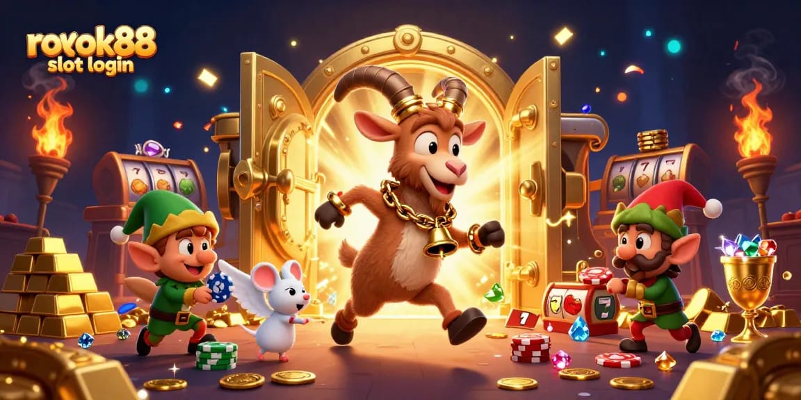 Experience thrill at rokok88 slot login with a festive Krampus goat in a vibrant casino scene.