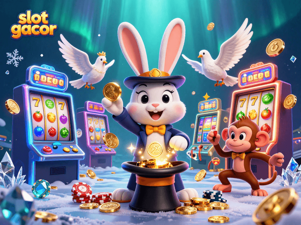 Engage with slot gacor as magician rabbit evokes golden coins, setting a vibrant casino scene.