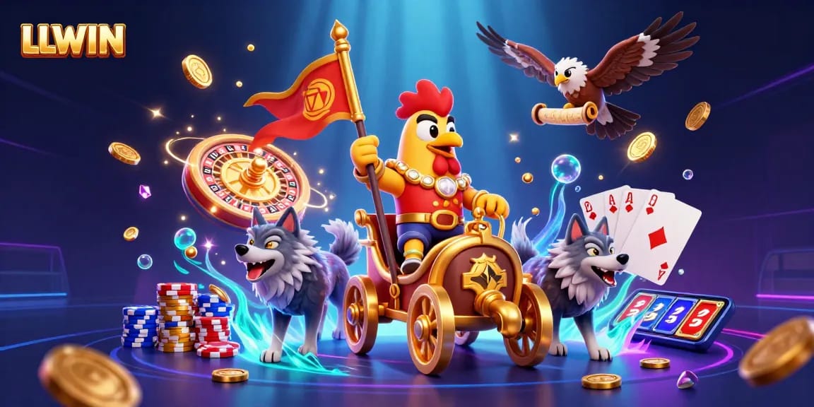 Experience LLWIN with an epic scene of a rooster warlord in a golden chariot among casino symbols.