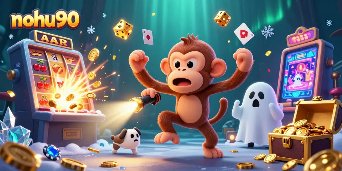 Nohu90 captures a charming 3D casino scene featuring a poltergeist monkey juggling coins and a curious puppy tracking it.