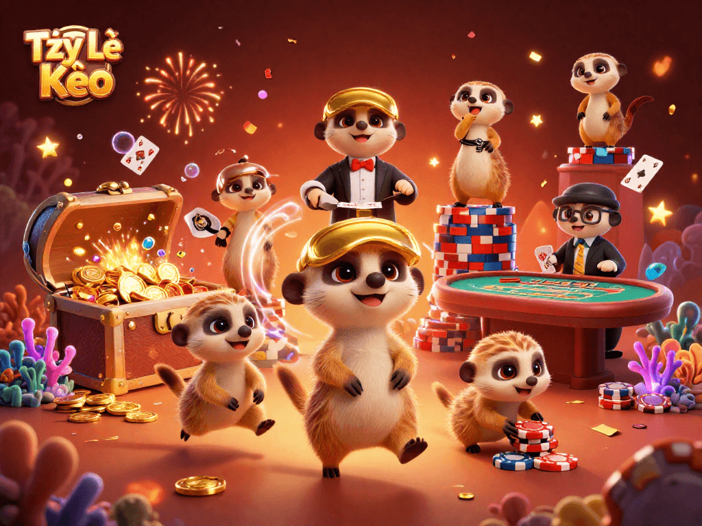 Experience Tỷ Lệ Kèo with playful meerkats managing a lively casino atmosphere.