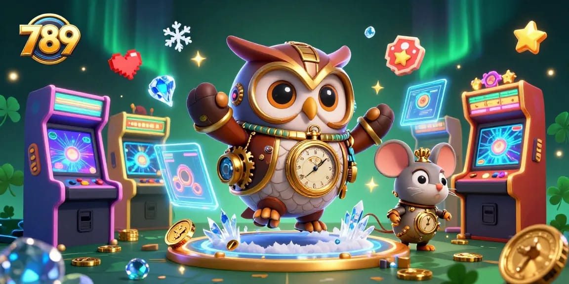 Experience thrilling gameplay at 789 as the time-traveling owl leads the adventure in this spectacular casino scene.