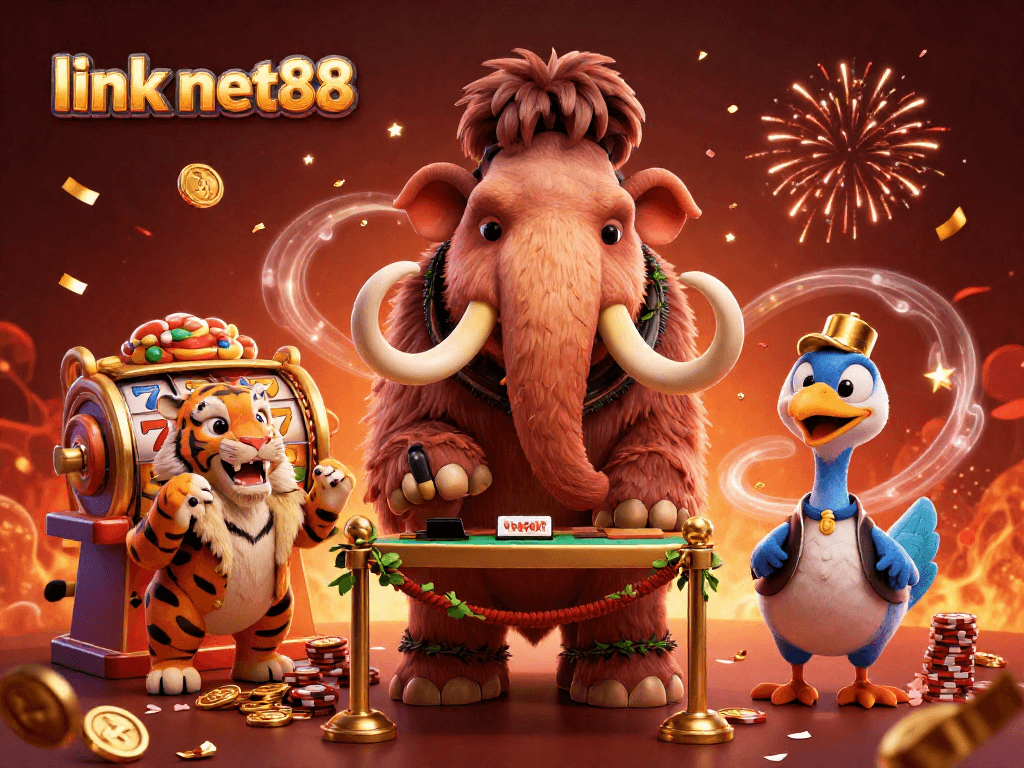 Engaging illustration featuring a woolly mammoth bouncer and characters representing link net88 in a vibrant casino setting.