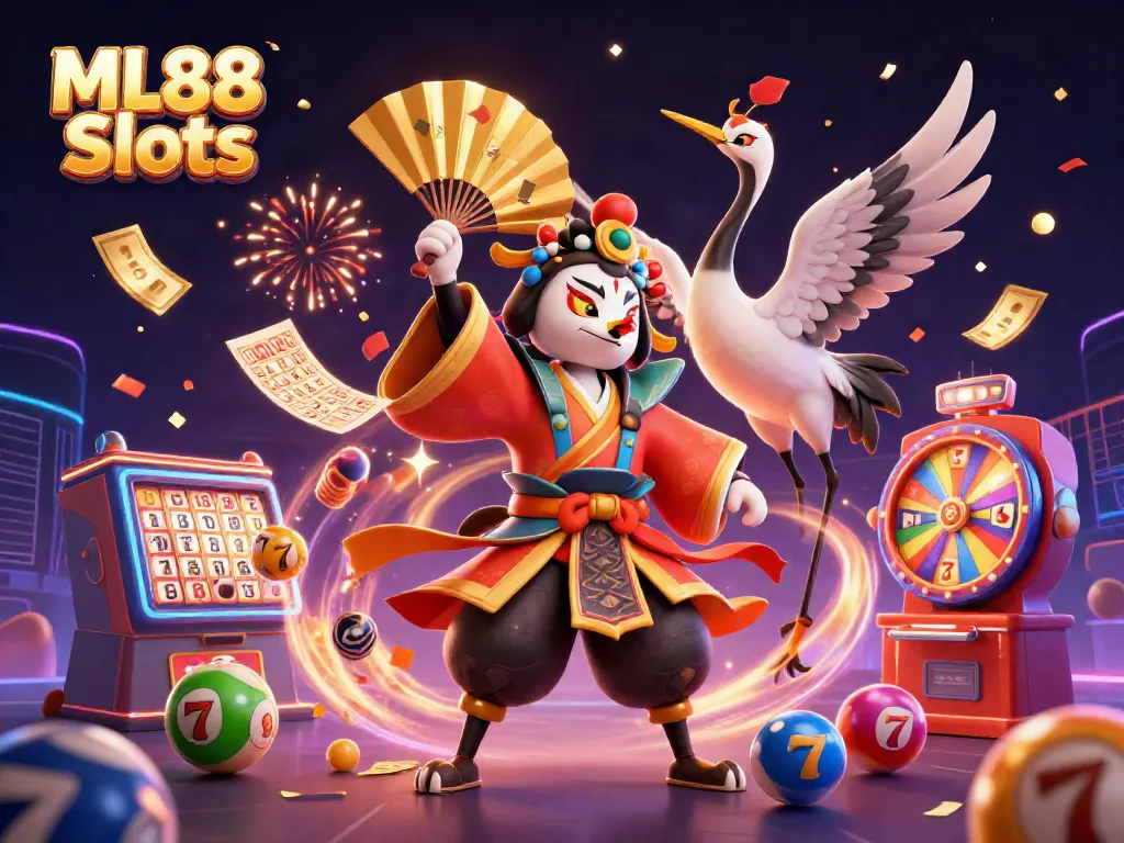 Experience ML88 Slots with a vibrant 3D scene featuring exciting slot reels and dynamic characters in action.