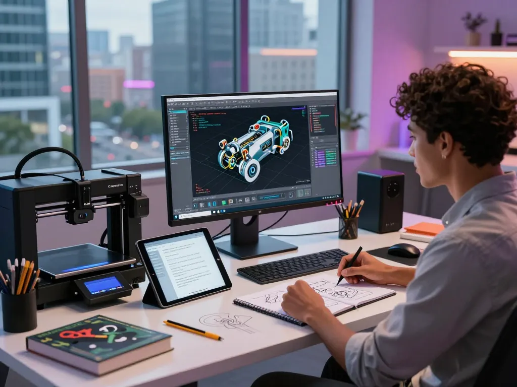 Modeler using text to cad software in modern workspace with CAD designs.