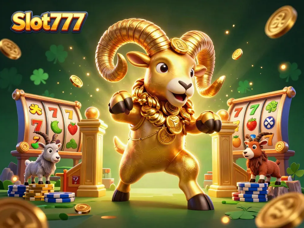 Mainkan Slot777 dengan simbol slot beruntung dan jackpot dalam ilustrasi kaya warna.