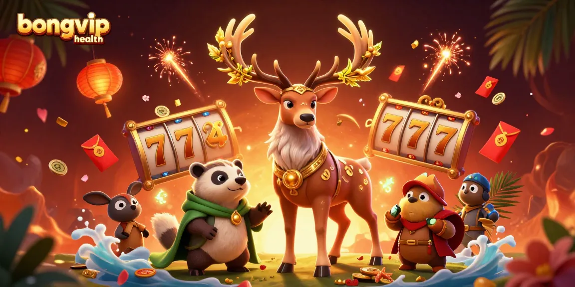 Bongvip health enhances the casino experience with dynamic 3D characters surrounded by slot reels and festive decorations.