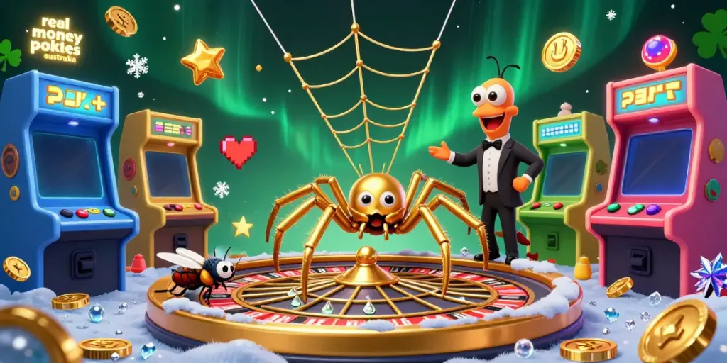 Engage with real money pokies Australia in this vibrant 3D scene featuring a golden spider and centipede croupier.