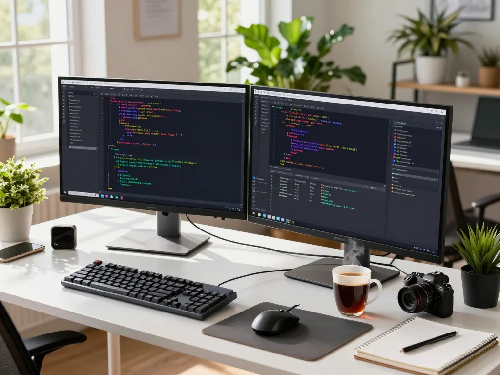 WPS 下载 software developer coding in a vibrant workspace with dual monitors and tech gadgets.
