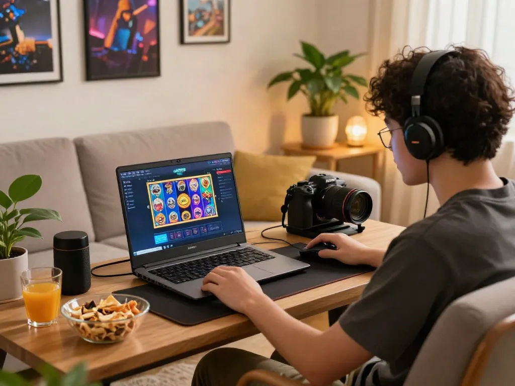 Engaging player using KOITOTO for thrilling slot gacor experience in a cozy living room.