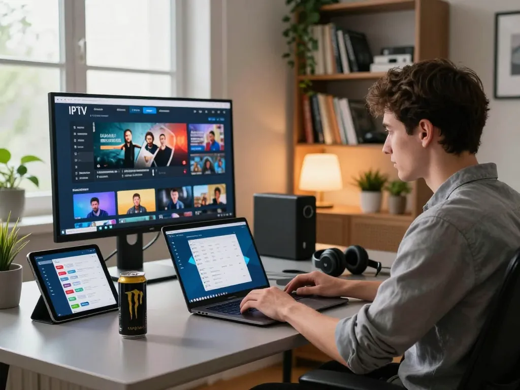 Professional using an IPTV player on Windows in a modern workspace with tech elements.