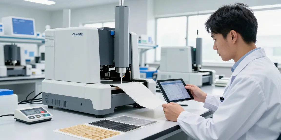 Technician conducting a tear resistance test with the ElmenGuide tester, measuring material strength accurately in a modern lab.
