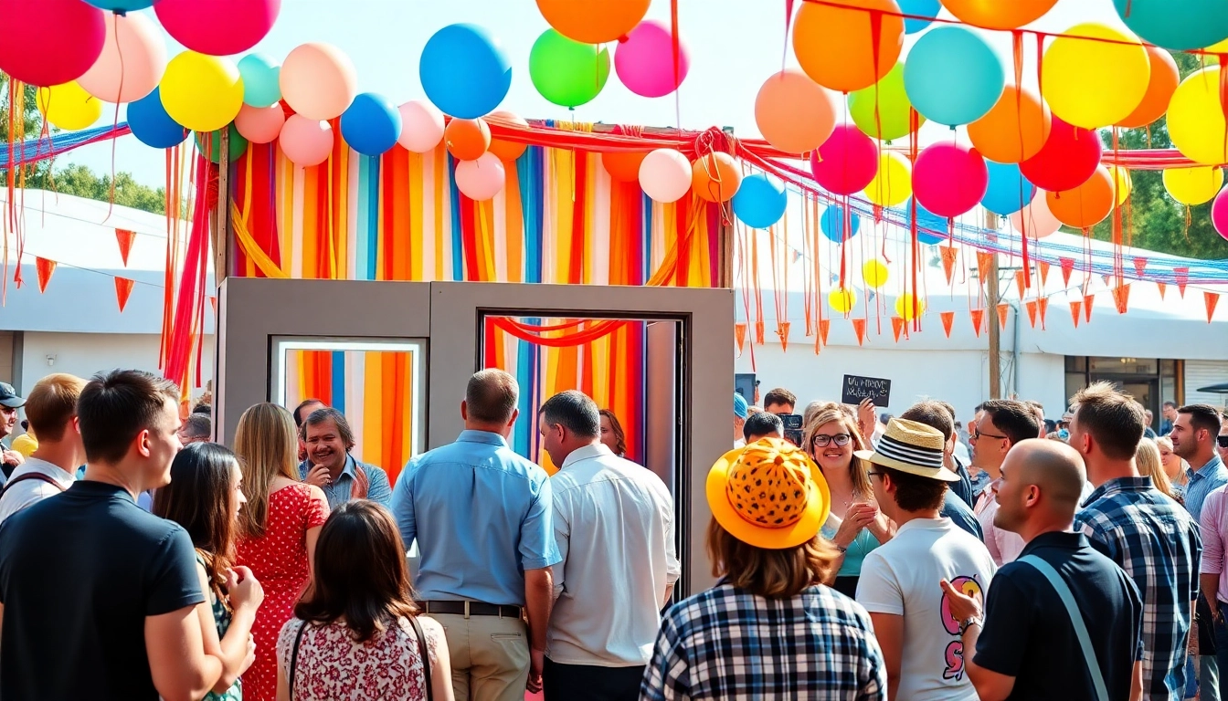 Renting a photo booth at a lively outdoor event featuring joyful guests and vibrant decorations.