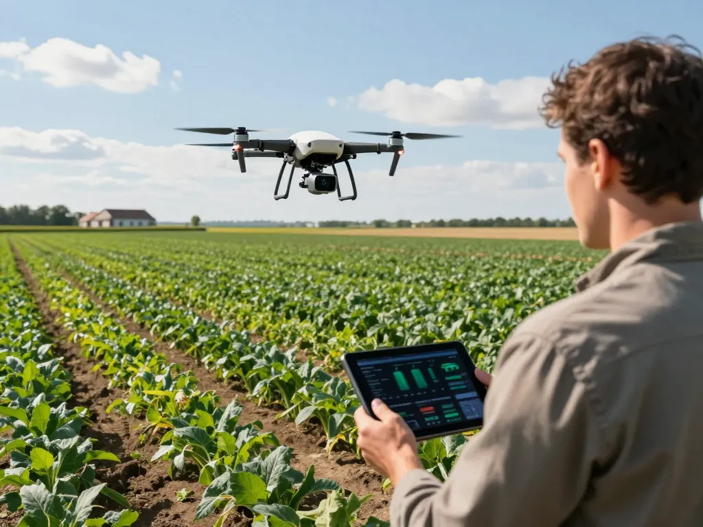 Drone multispettrale capturing crop data with a farmer analyzing results in a lush green field.