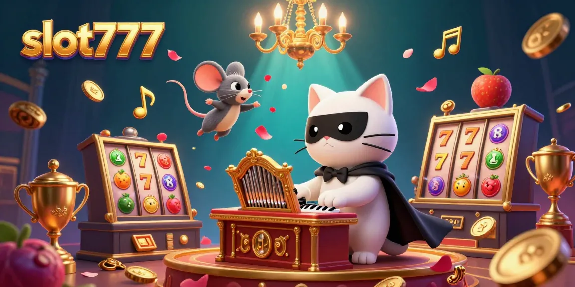 Spin and win with slot777 in this vibrant casino scene featuring animated slot reels and a charming phantom cat.