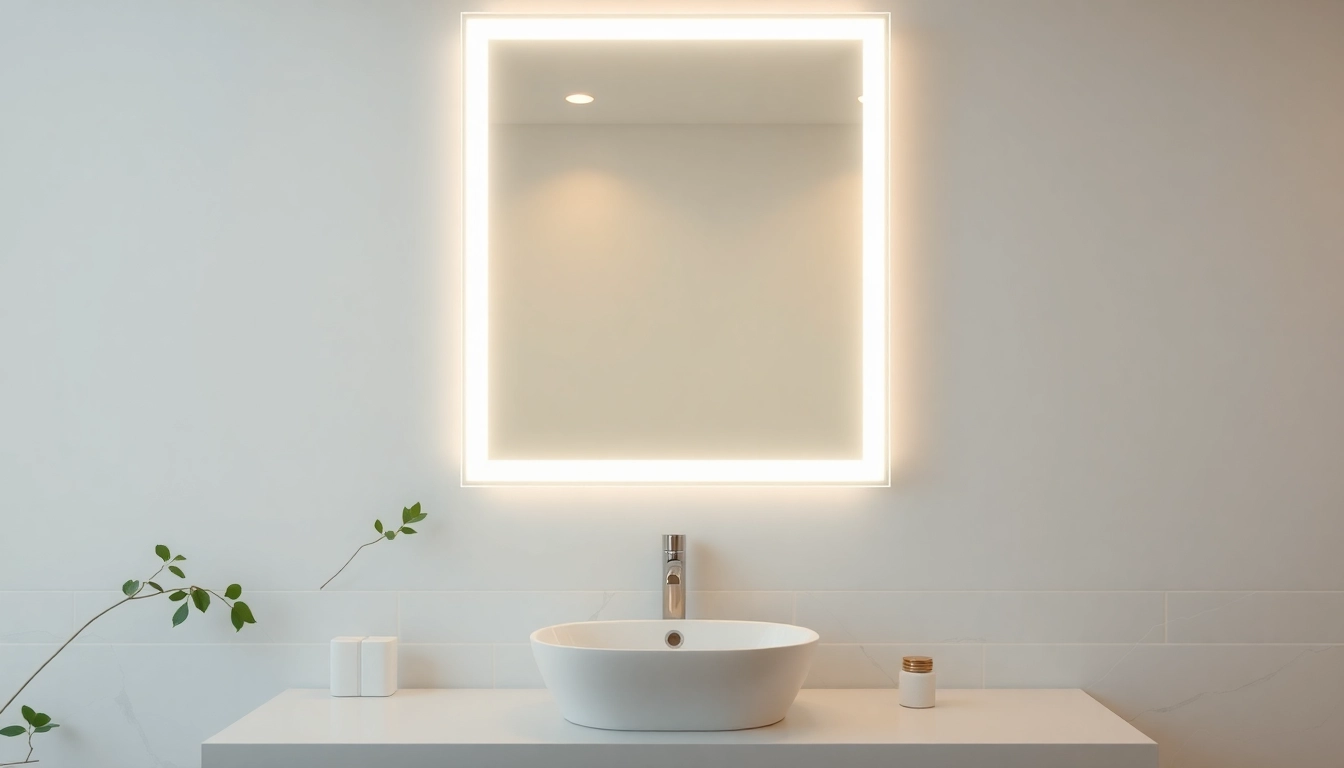 View a stylish elegant led mirror illuminating a contemporary bathroom space.