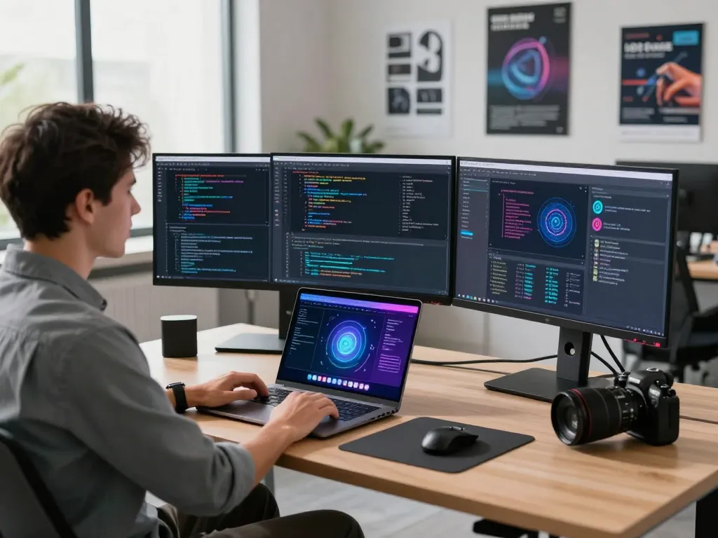 Innovative AI developer using mind control ai tools in a modern workspace, showcasing coding and technology integration.