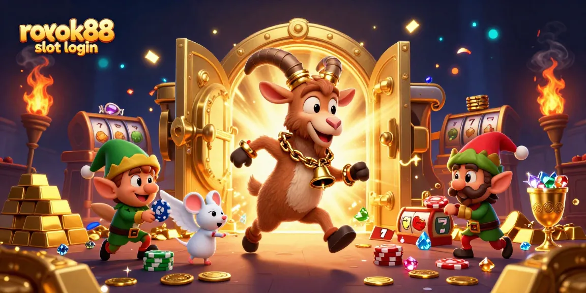 Experience thrill at rokok88 slot login with a festive Krampus goat in a vibrant casino scene.