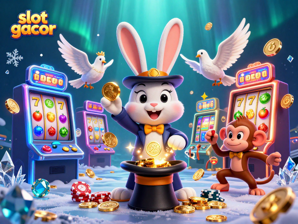 Engage with slot gacor as magician rabbit evokes golden coins, setting a vibrant casino scene.