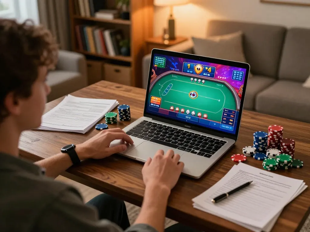 uu88 player focusing on a mobile poker game while surrounded by gaming strategies and friendly ambiance