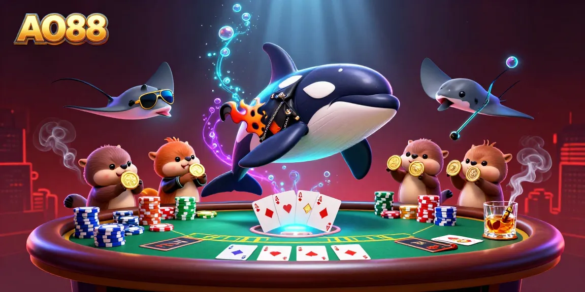 Enjoy thrilling gaming with AO88's vibrant underwater casino scene featuring engaging characters and poker elements.