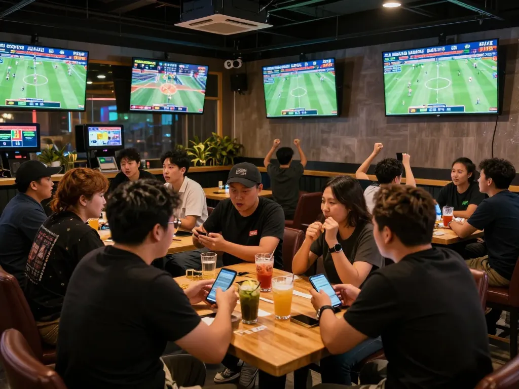 Fans engaging in sports betting at a lively bar with kèo nhà cái displayed on screens
